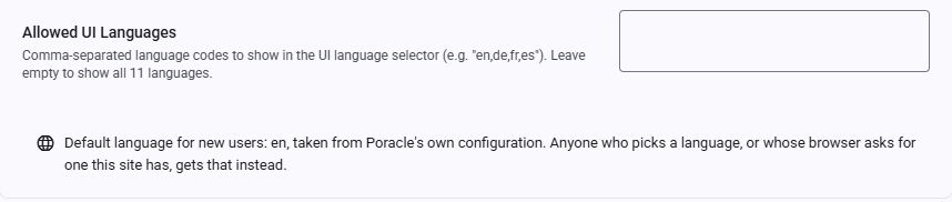 The Allowed UI Languages field, with a line beneath it reading "Default language for new users: en, taken from Poracle's own configuration."