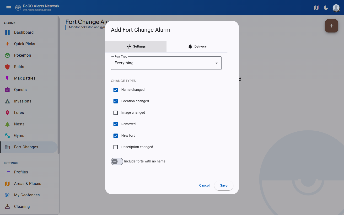 Add Fort Change dialog showing the six change types
