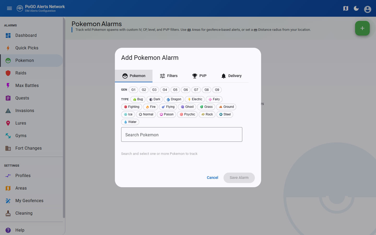 Pokemon add dialog with availability indicators