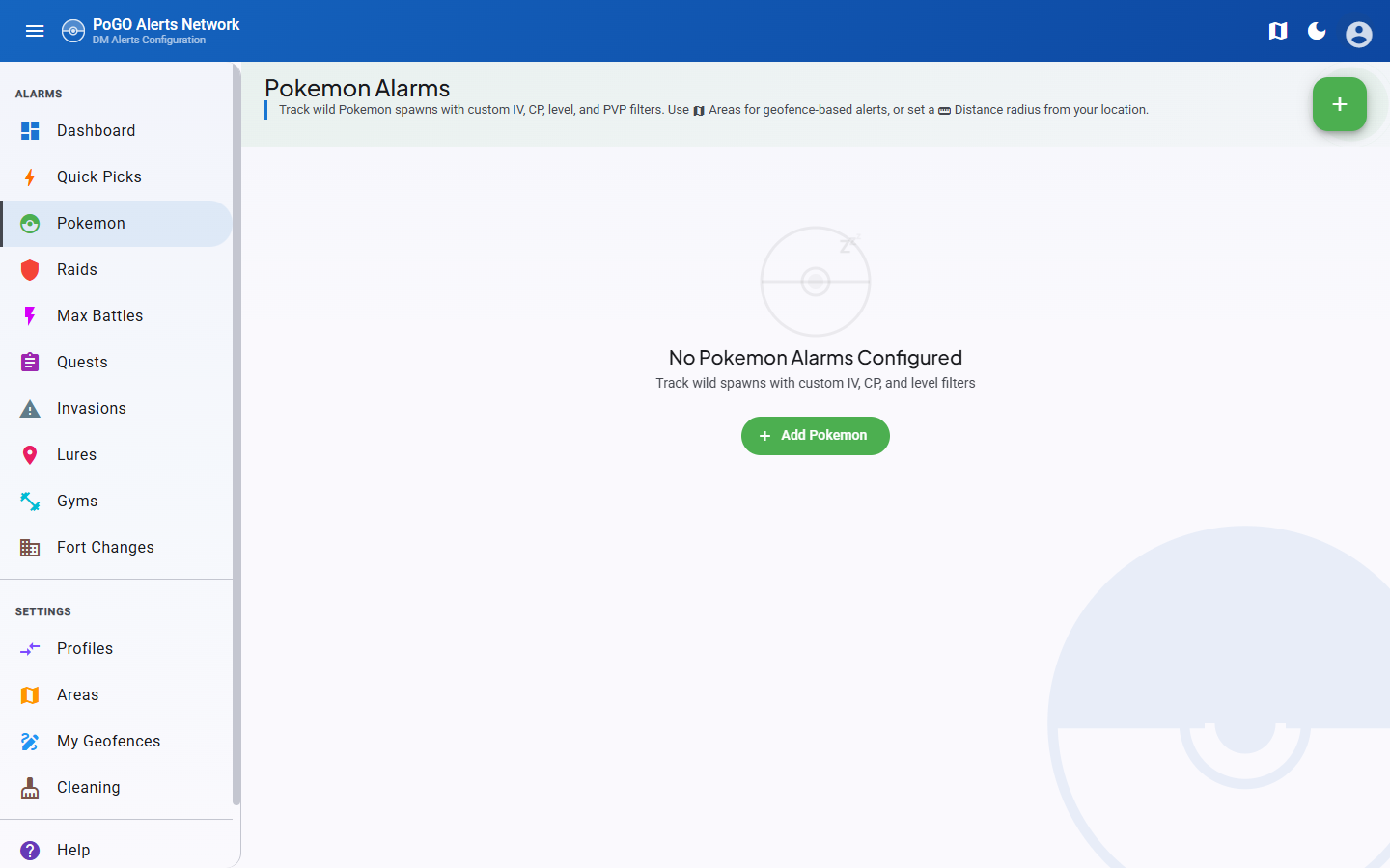 Pokemon alarm list with filter pills